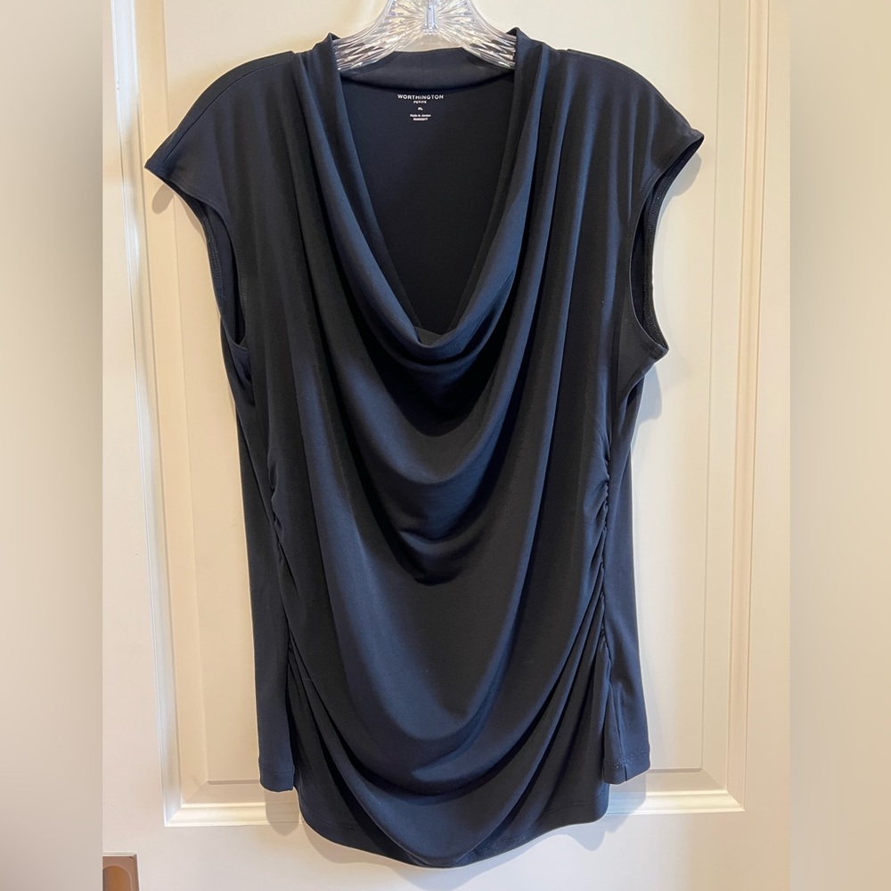 Black Waterfall Neckline Capsleeve Blouse